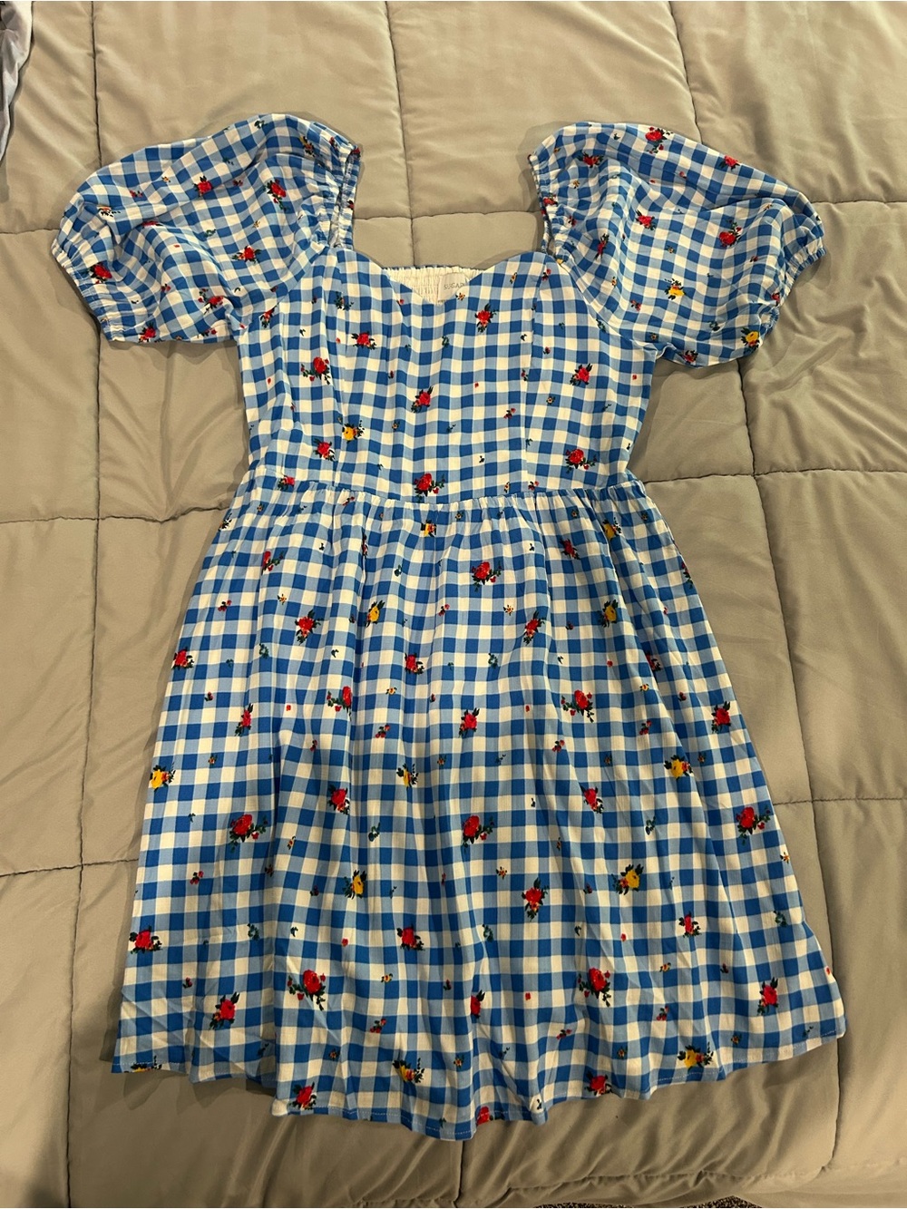 Blue Gingham Puff-Sleeve women’s Dress with Red & Yellow Floral Print.